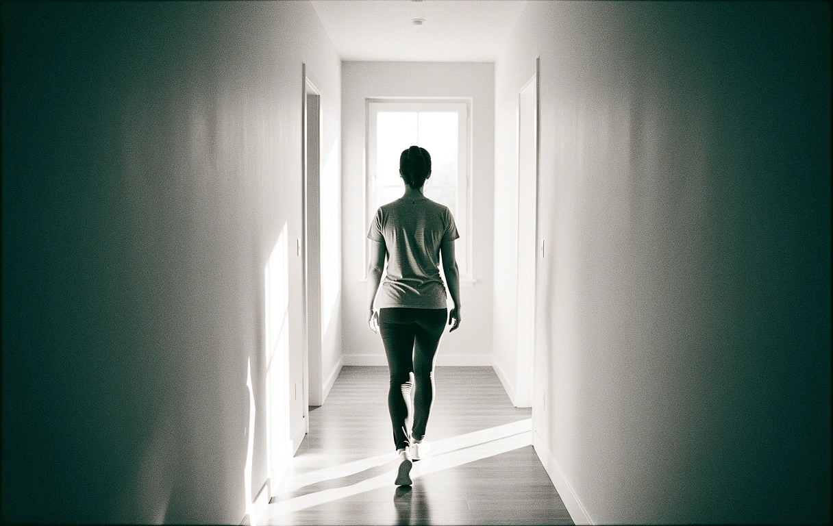 A person moving through a peaceful morning space