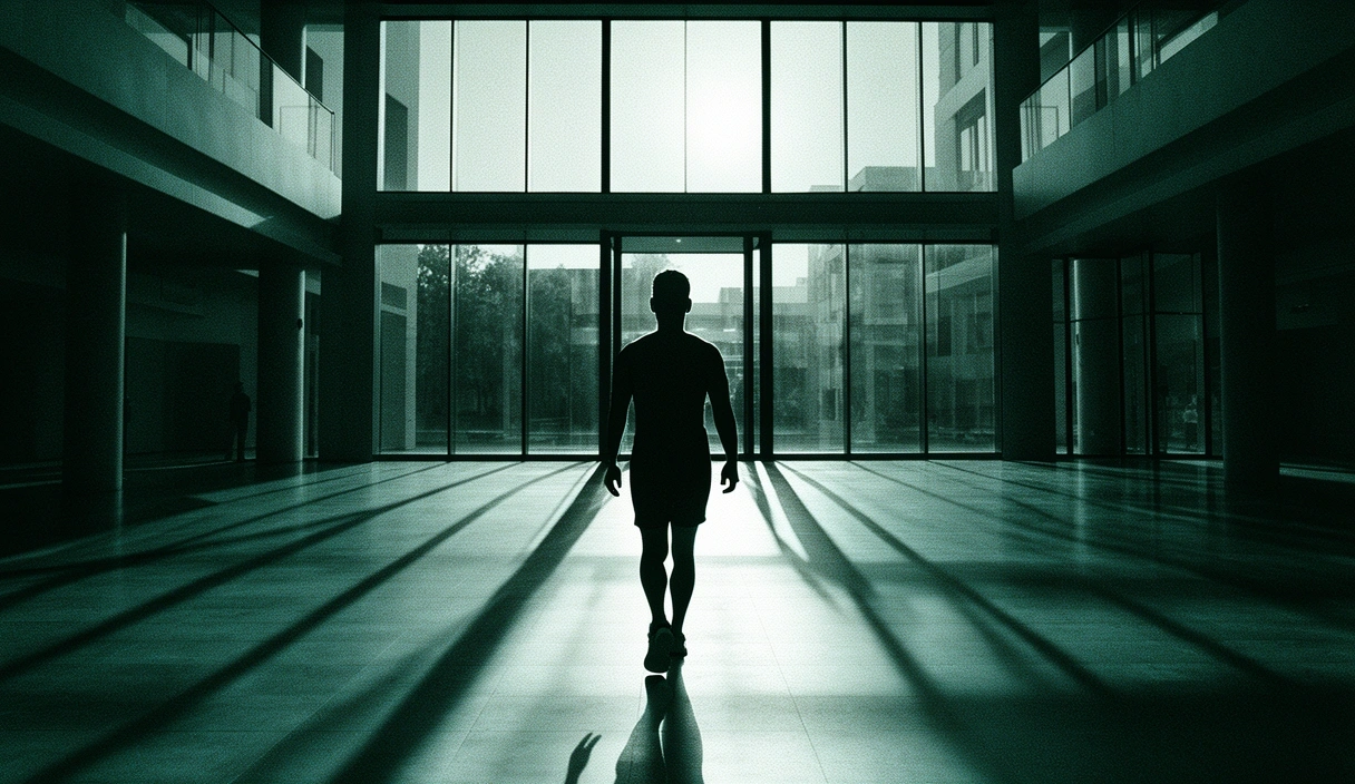 Person moving through a sunlit architectural space representing life momentum